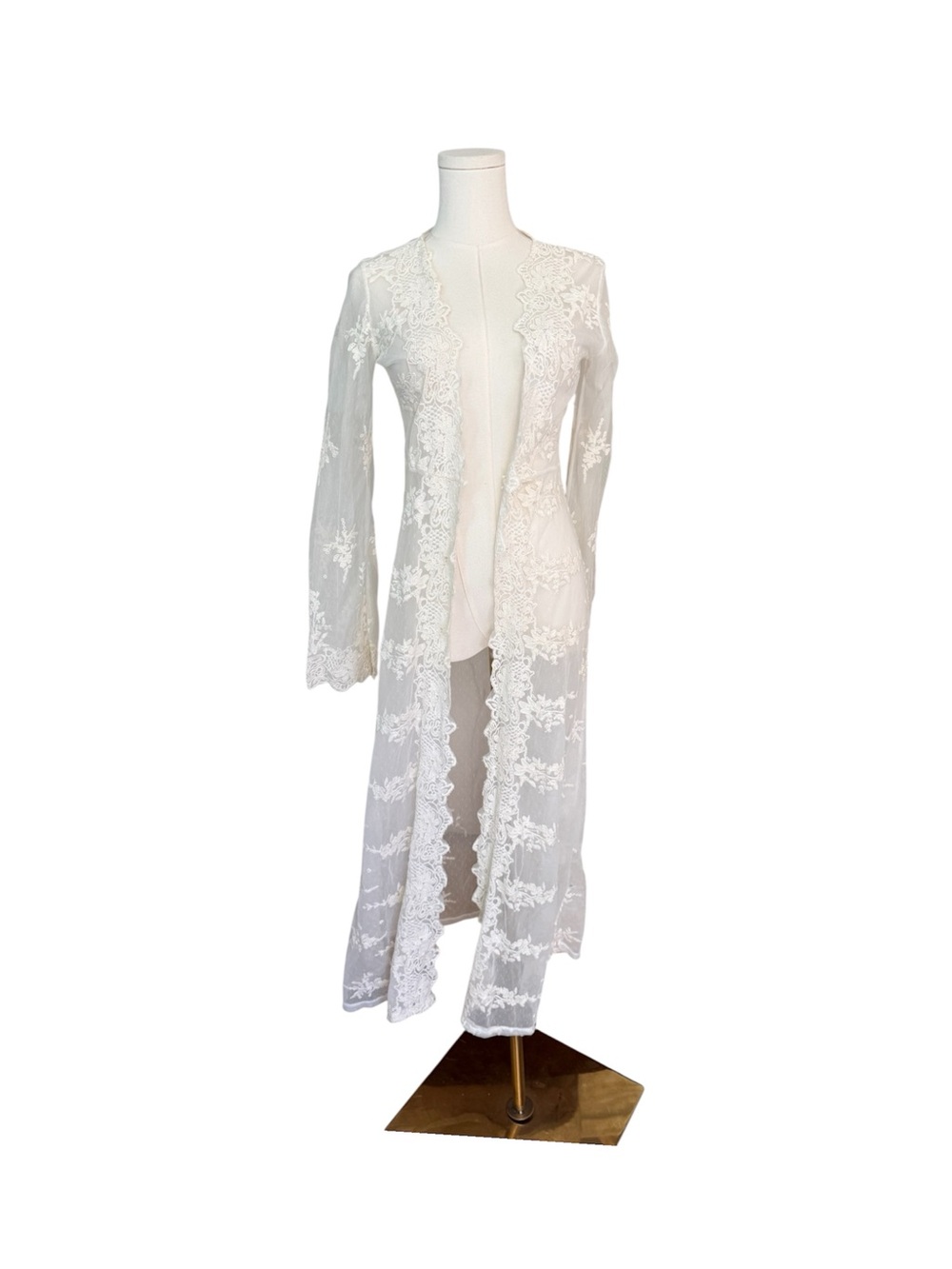White Sheer Lace Duster Kimono Cardigan Boho Bridal robe/ Beach Cover Up